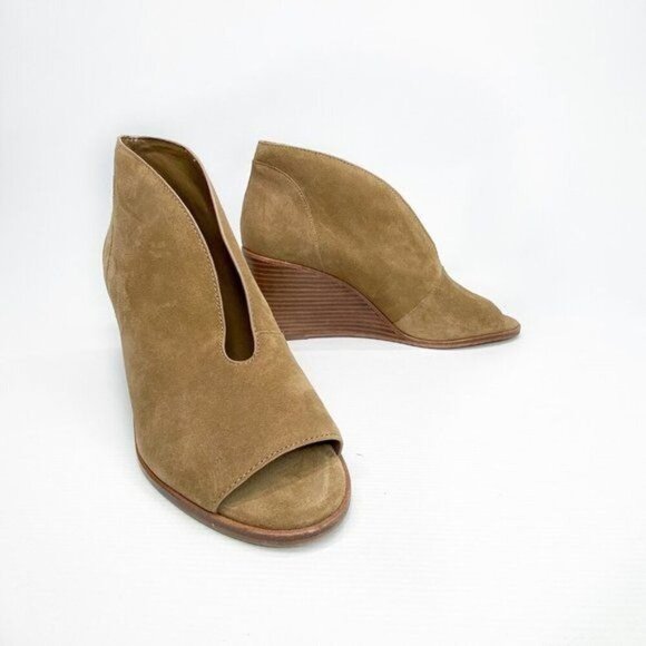 1.STATE Eren Wedge Pump Bootie Caramel Brown Suede Open Toe Cutout 10 - Picture 1 of 10